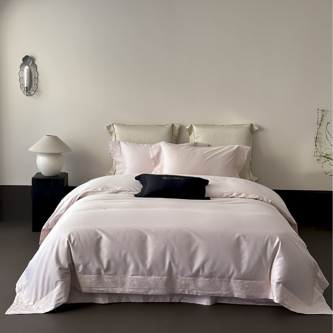 Luxury Satin-Feel Reversible Duvet Cover Set with Embroidered Hem and Pillow Shams