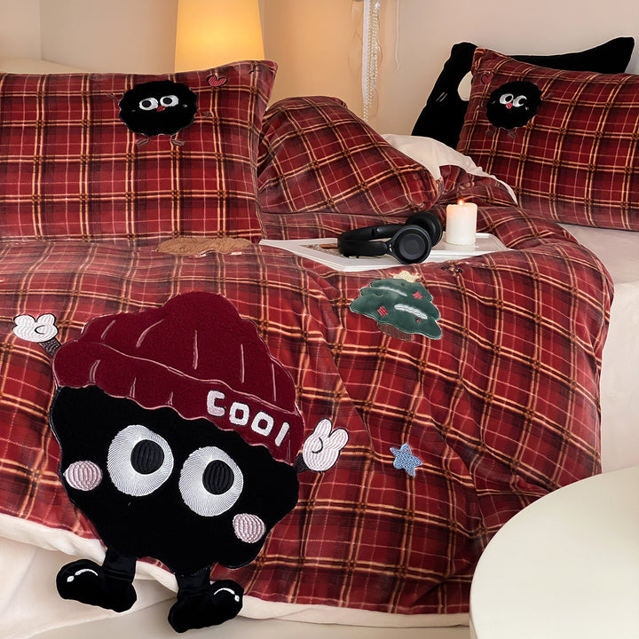 Plaid Embroidered Cartoon Appliqué Duvet Cover Bedding Set