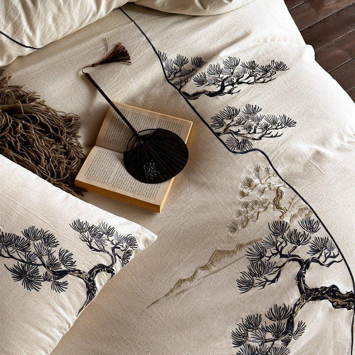 Embroidered Linen-Blend Duvet Cover Set with Botanical Pine Tree Motif