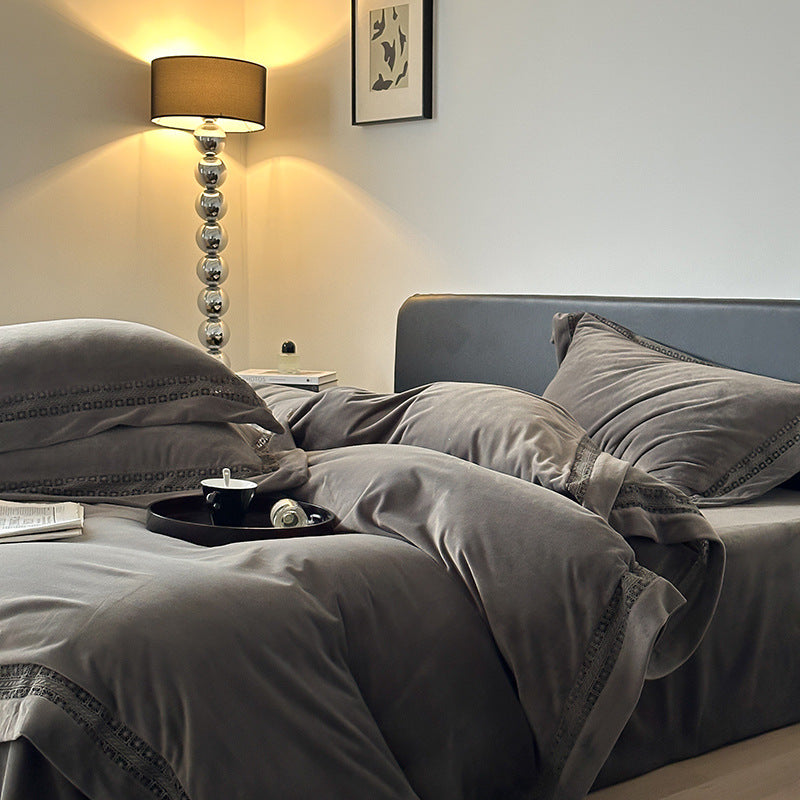 Luxury Brushed Velvet Duvet Cover Set with Lace-Inset Border