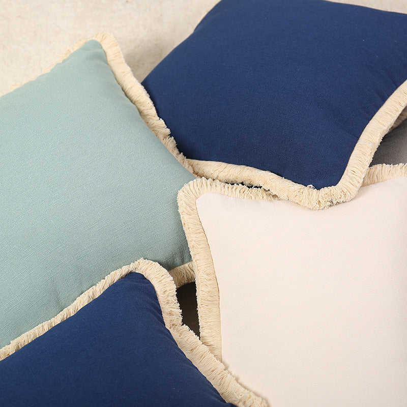 Fringed Linen-Texture Throw Pillow Covers with Hidden Zipper and Brush Fringe
