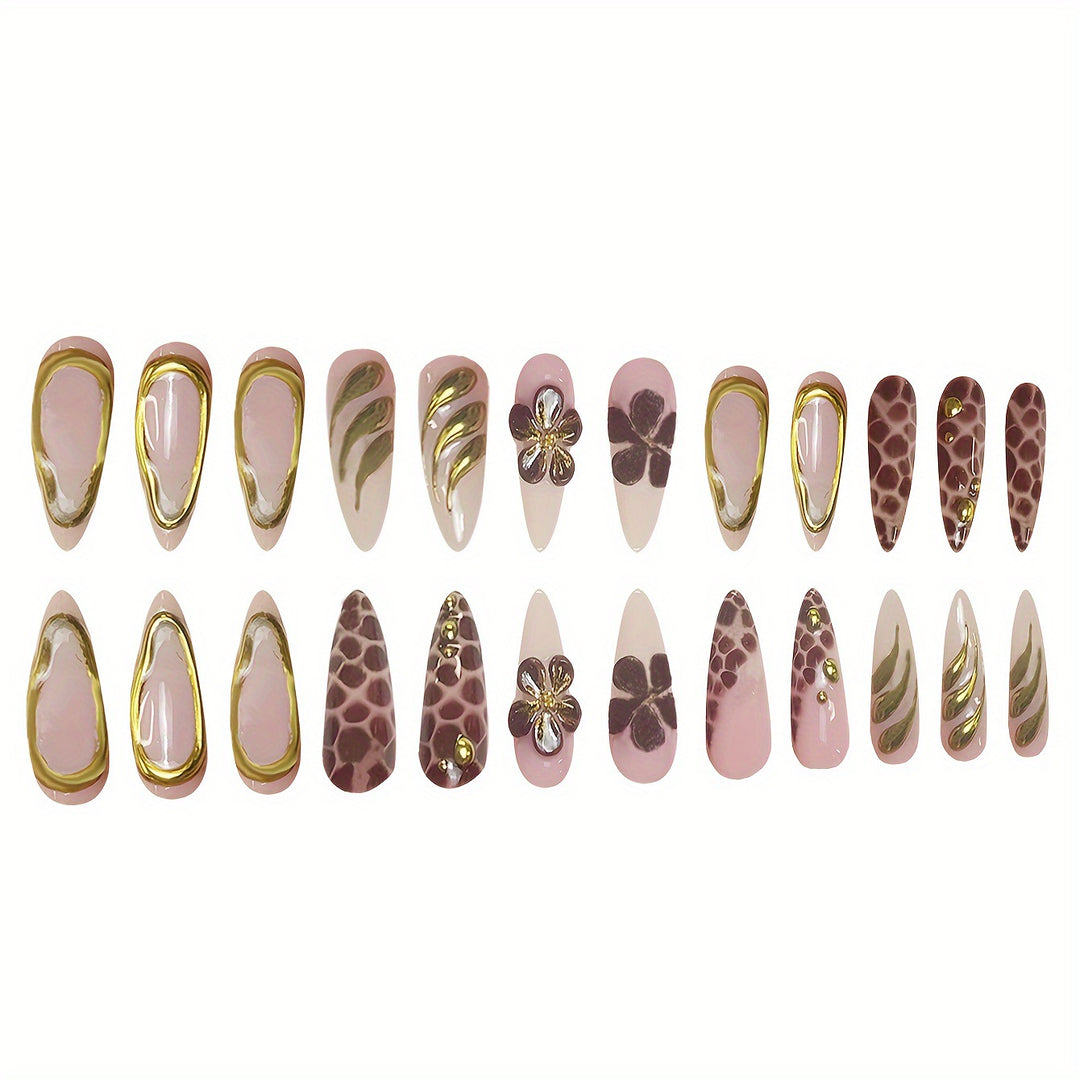 Artistic Press-On Nail Set with 3D Floral Accents Stornfield