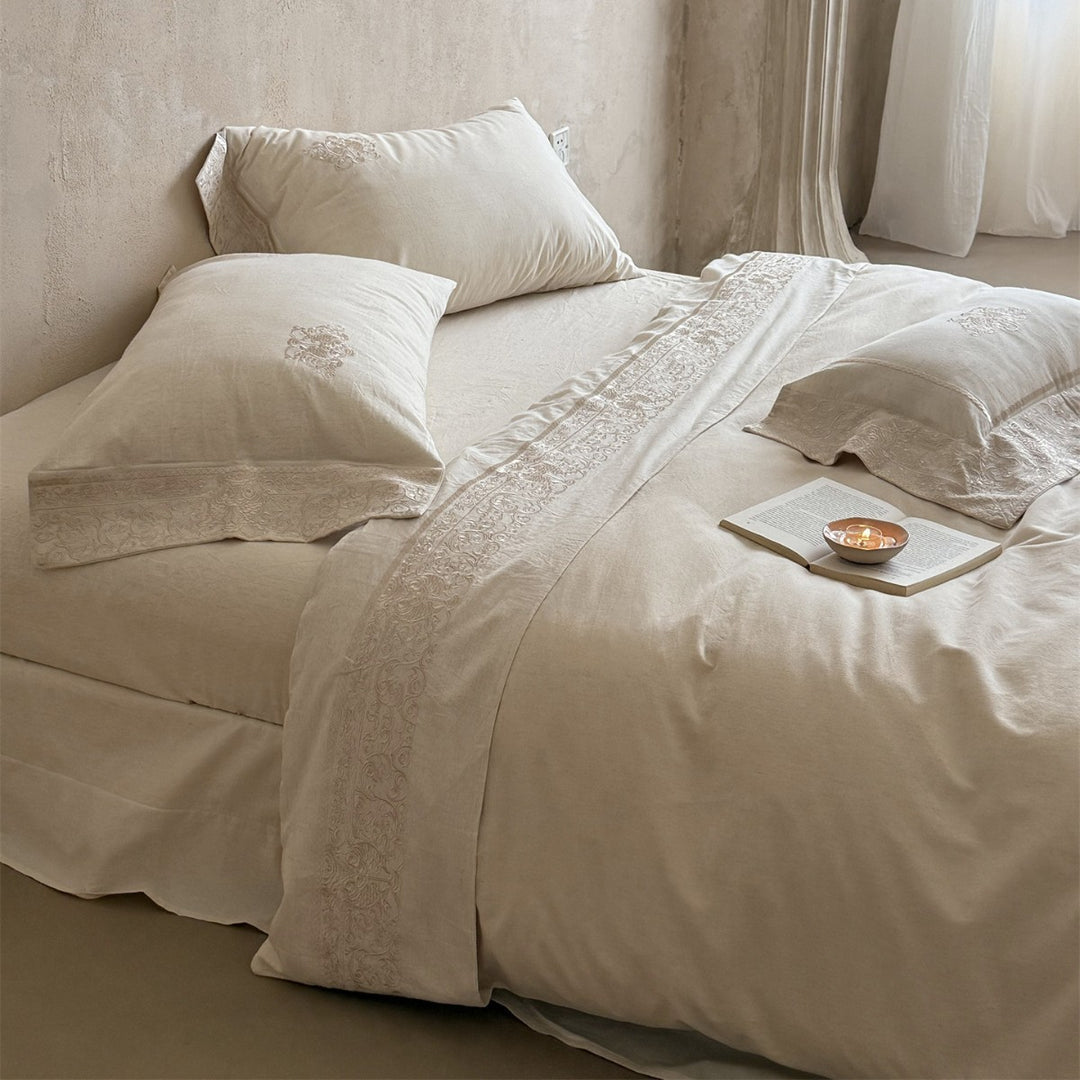 Artisan Washed Linen Duvet Cover Set with Hand‑stitched Baroque Embroidery