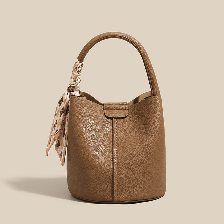 Textured Leather Bucket Bag with Scarf Detail