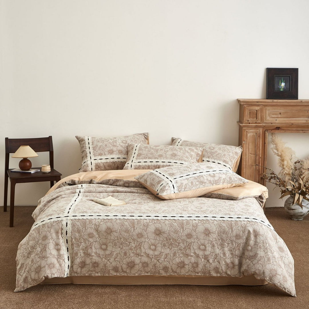 Floral Sketch Lace-Panel Reversible Duvet Cover Ensemble with Solid-Backed Pillow Shams