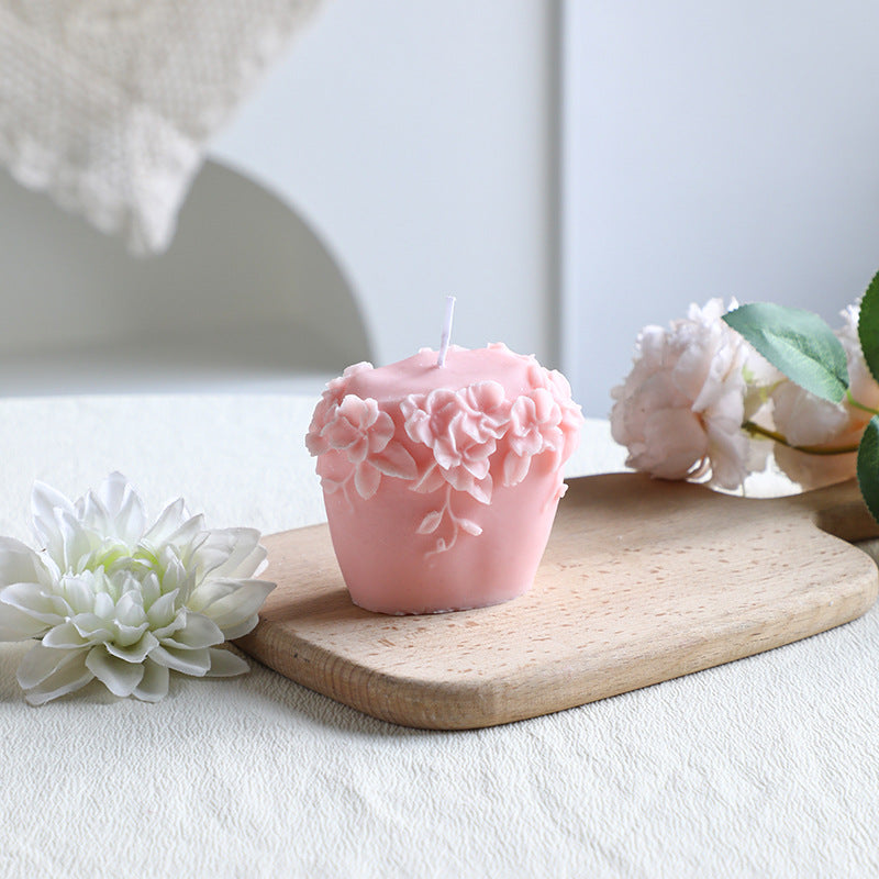 Hand-Poured Floral-Relief Cupcake Decorative Candle