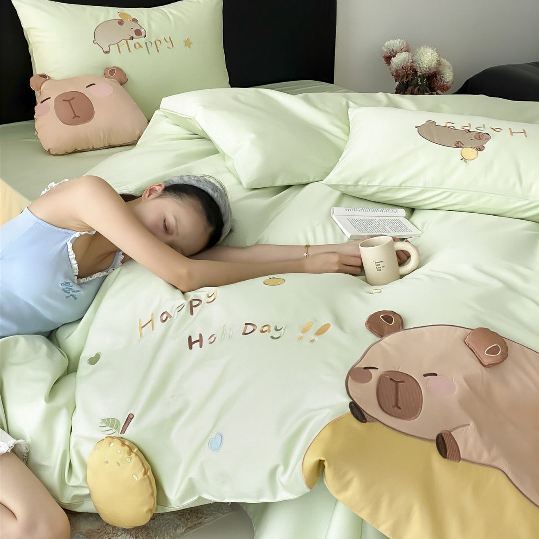 Soft-Touch Cotton Duvet Cover Set with 3D Bear Appliqué, Reversible Sateen Back & Pillow Shams