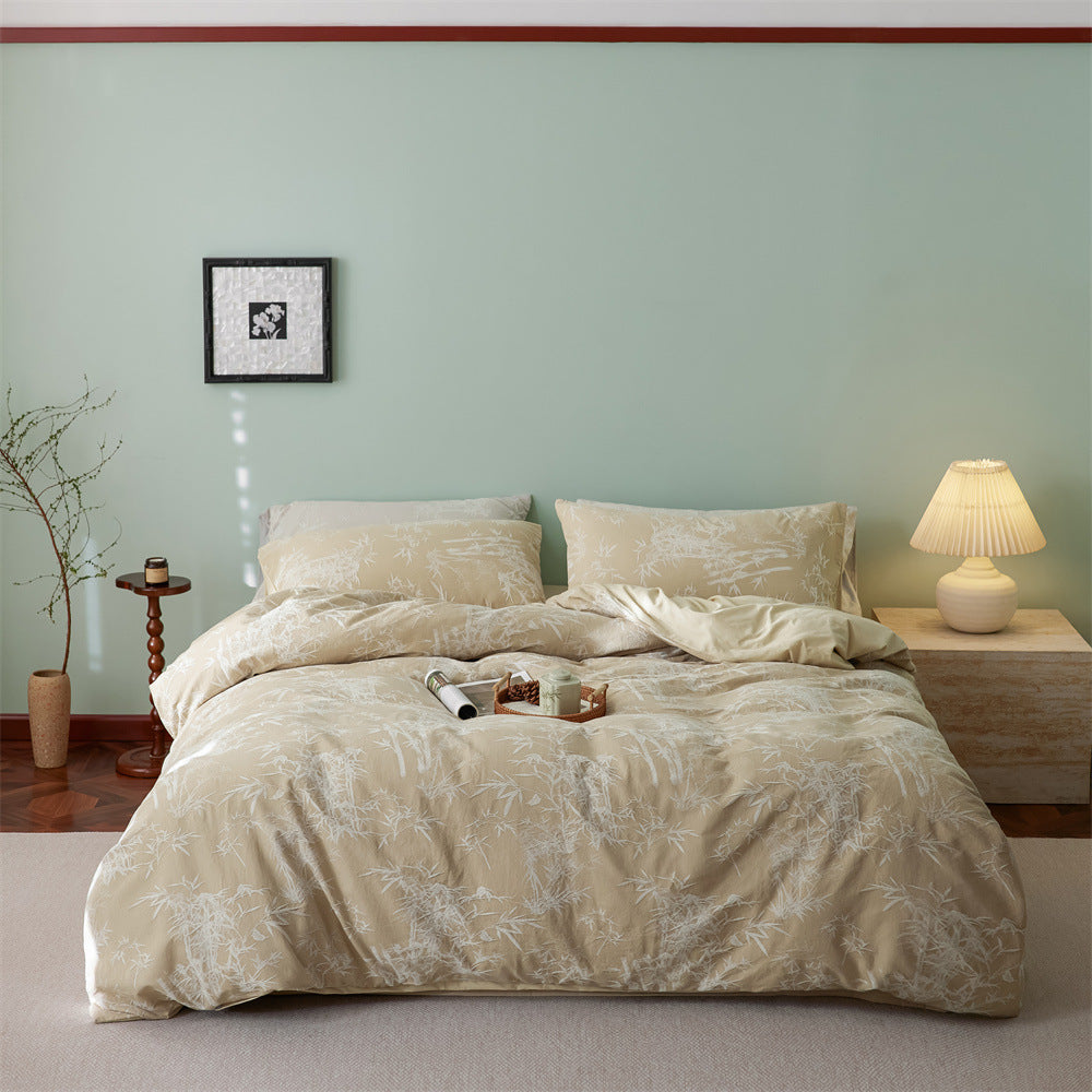 Luxurious cotton satin bedding set with discreet bamboo print and reversible feature