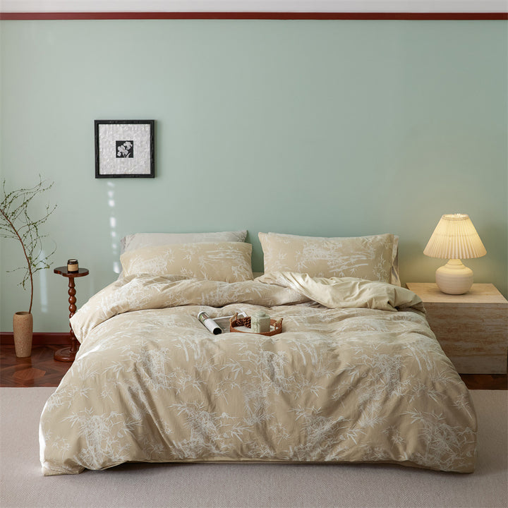 Luxurious cotton satin bedding set with discreet bamboo print and reversible feature