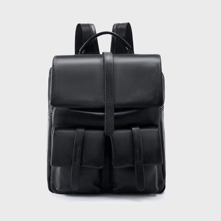 Leather Flap Backpack with Dual Front Pouches and Top Handle