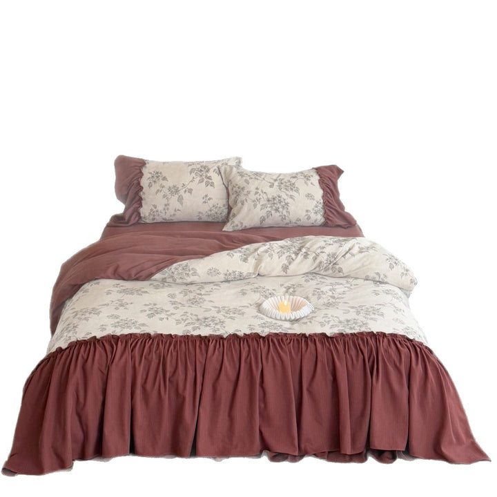 Reversible Floral Cotton-Linen Ruffled Duvet Cover Set with Gathered Bedskirt and Pillow Shams