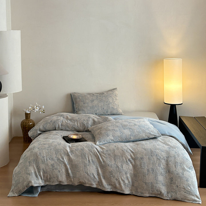 Luxury Stonewashed Cotton Duvet Cover Set with Geometric Jacquard Texture