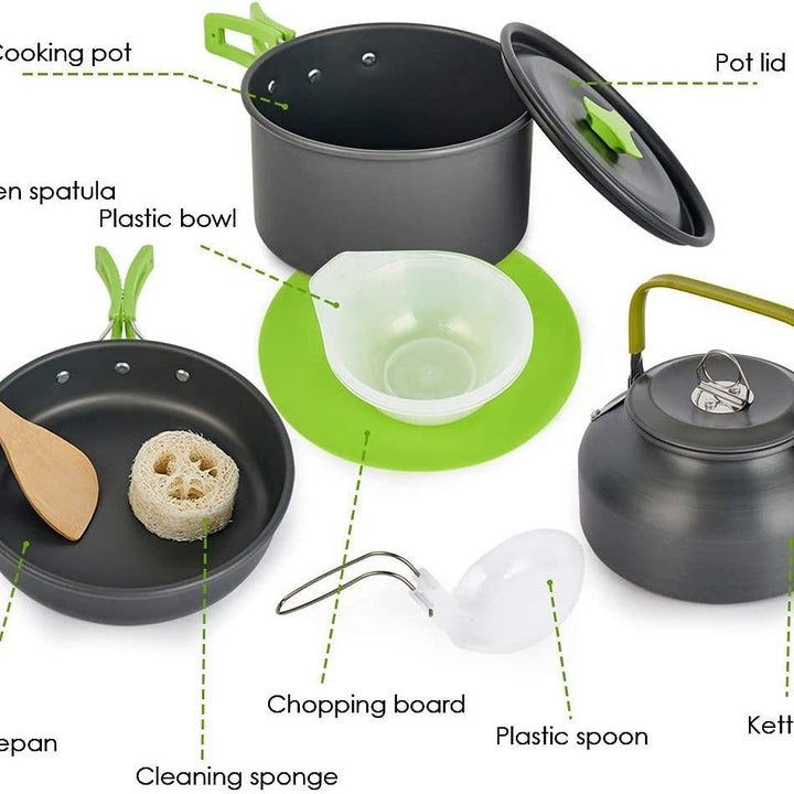 lightweight non-stick camping cookware set with folding handles kettle pot pan utensils and mesh carry bag Stornfield