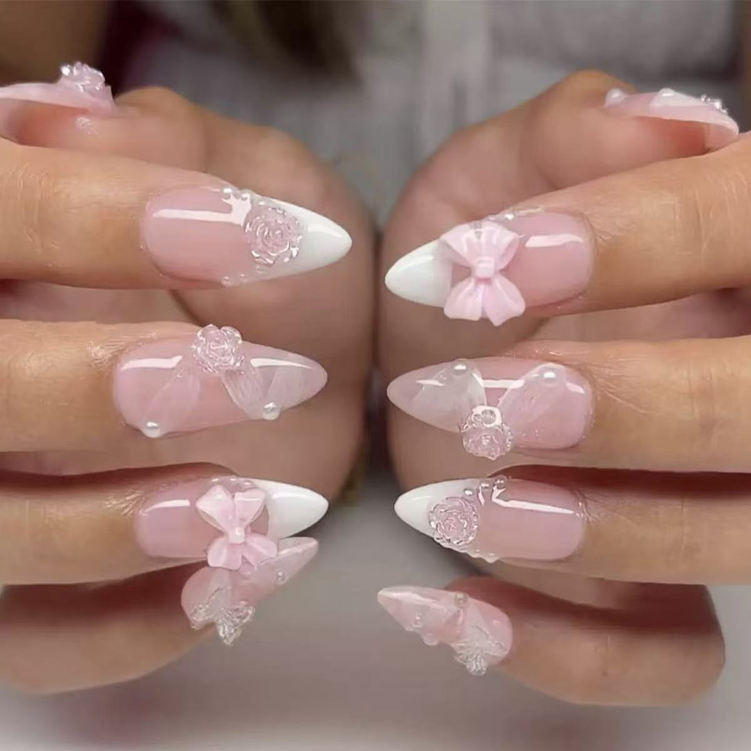 Artificial nail set with romantic 3D flower and bow decorations Stornfield