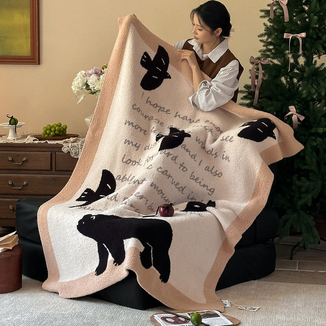 Plush Jacquard Throw Blanket with Playful Cat and Chair Motif