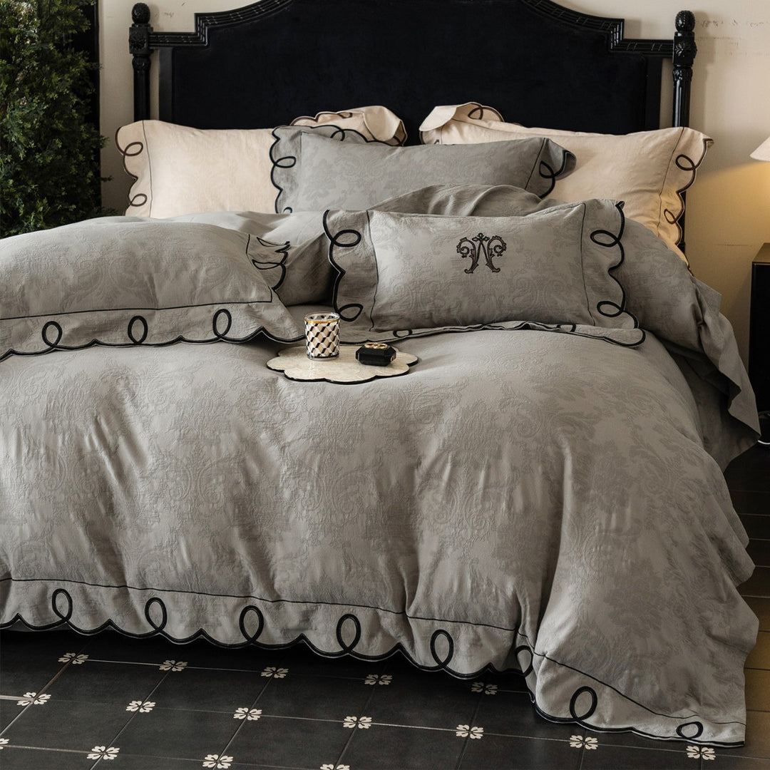 Embroidered Scalloped-Loop Jacquard Duvet Cover Set with Matching Pillow Shams