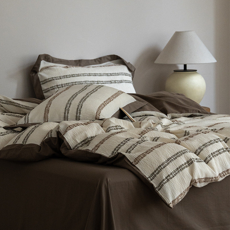 Textured Quilted Duvet Cover Set with Striped Woven Panel and Envelope Shams