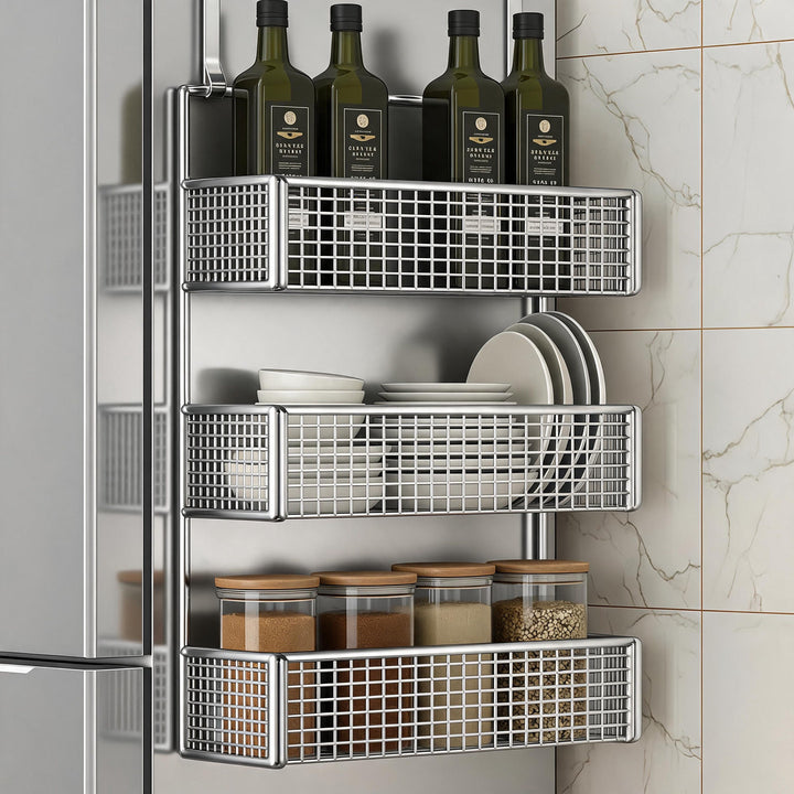 Over-the-Fridge Stacked Metal Mesh Hanging Storage Basket