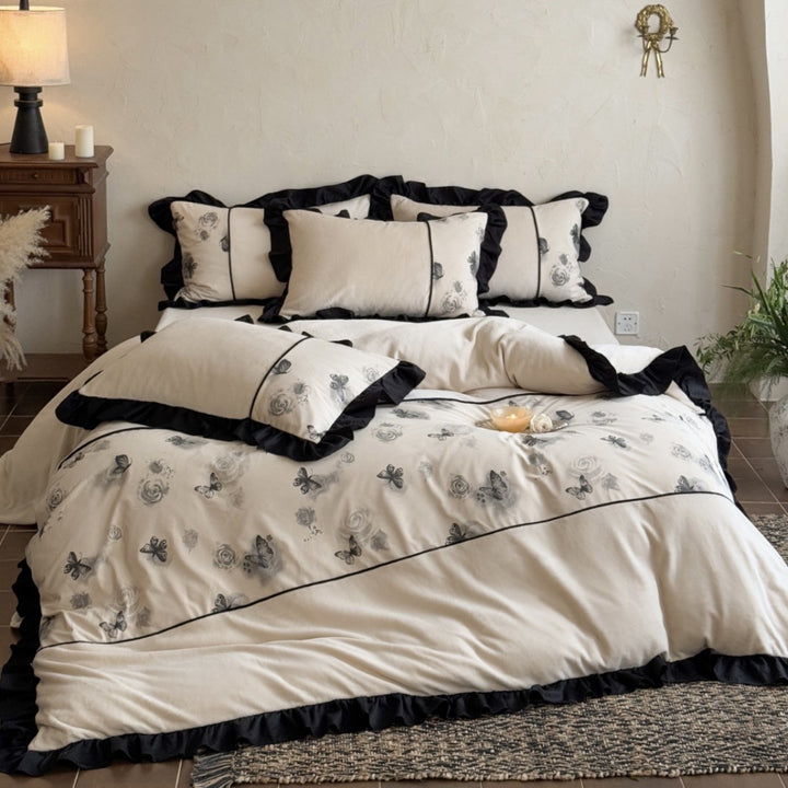 Ruffled Floral Embroidered Cotton Duvet Cover Set with Contrasting Piping