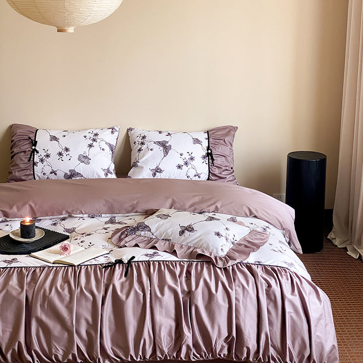 Luxurious satin bedding set with floral print and ruffles