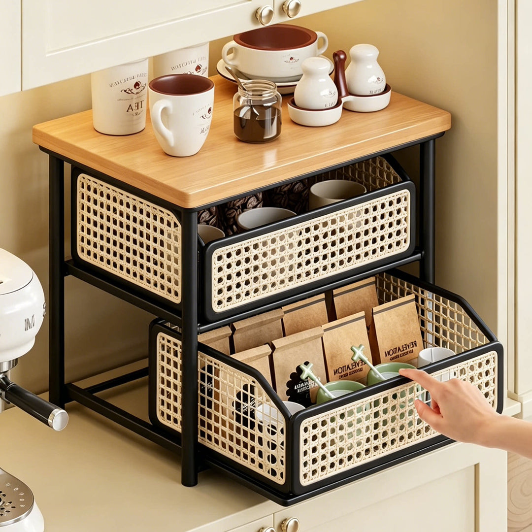 Countertop Wooden Top Metal Storage Rack with Sliding Wire Basket