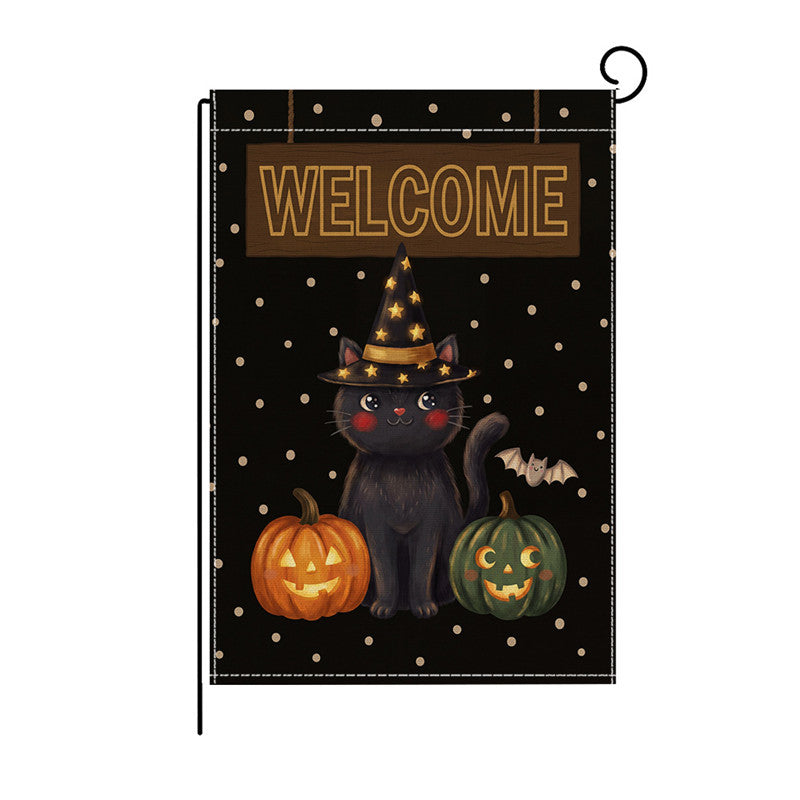 Outdoor Halloween Garden Flag Double-Sided Polyester Yard Banner with Skeleton and Jack-o'-Lantern Illustration