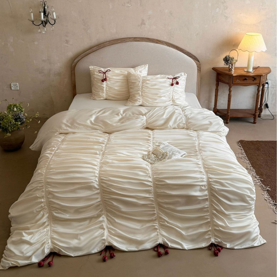 Ruched Satin Duvet Cover Set with Drawstring Rosette Accents and Matching Pillow Shams