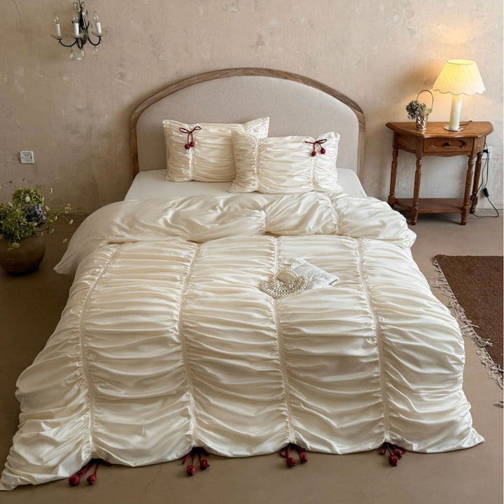 Ruched Satin Duvet Cover Set with Drawstring Rosette Accents and Matching Pillow Shams