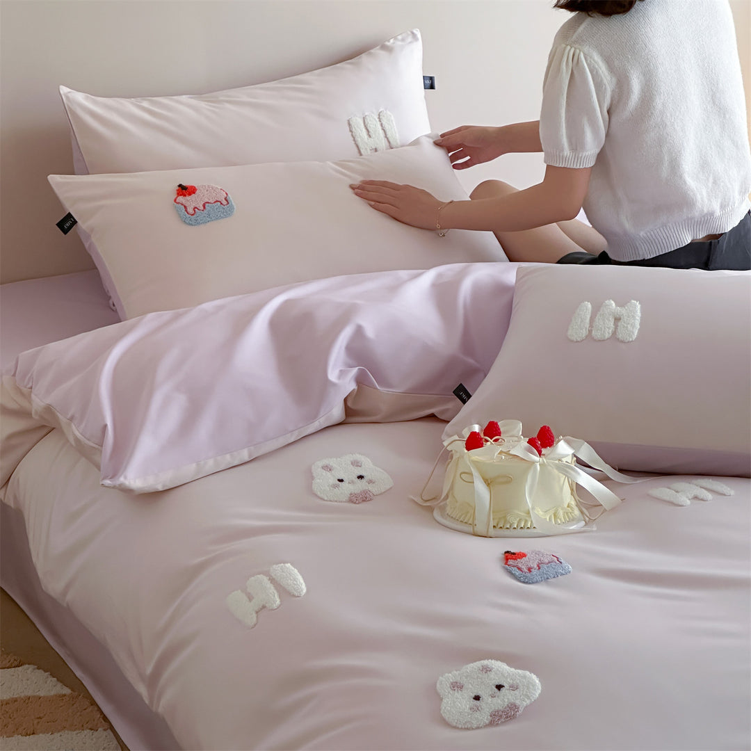 Embroidered Appliqué Satin-Like Duvet Cover Set with Pillow Shams