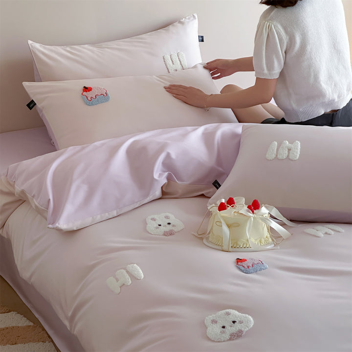 Embroidered Appliqué Satin-Like Duvet Cover Set with Pillow Shams