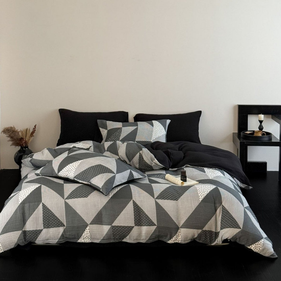 Patchwork Animal-Print Cotton Sateen Duvet Cover Set with Plaid Accents and Reversible Solid Back