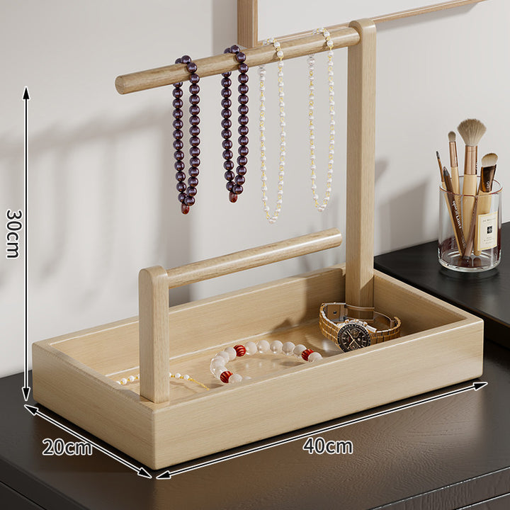 Wooden Jewelry Organizer with Dual Hanging Rails and Deep Storage Tray