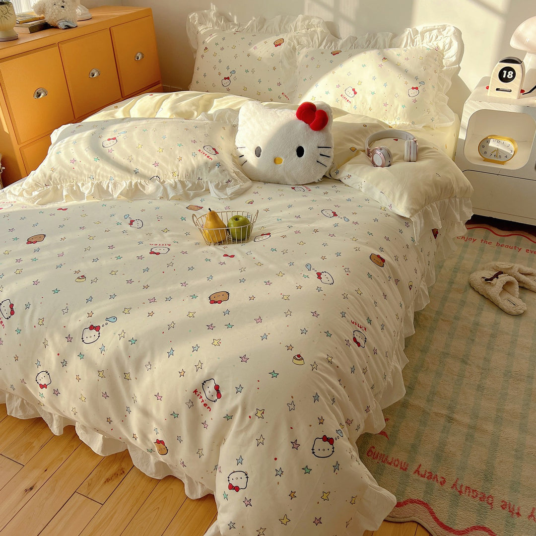 Cartoon Plaid Cotton Percale Duvet Cover Set with Ruffled Sham and Reversible Back