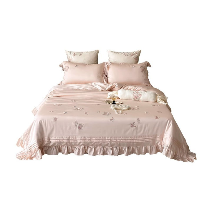 Satin-Effect Embroidered Rose Duvet Cover Set with Ruffled Hem & Decorative Shams