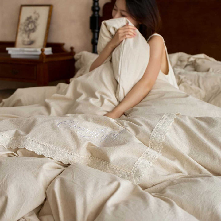 Ruffled Linen-Cotton Duvet Cover Set with Scalloped Lace Panel and Bedskirt