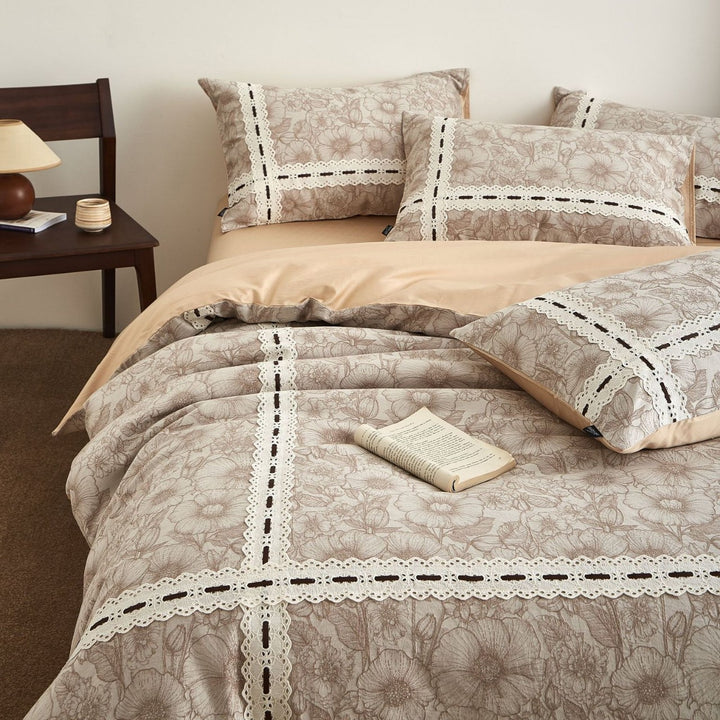 Floral Sketch Lace-Panel Reversible Duvet Cover Ensemble with Solid-Backed Pillow Shams