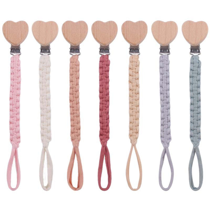 Braided Fabric Pacifier Clip with Wooden Heart Safety Clamp