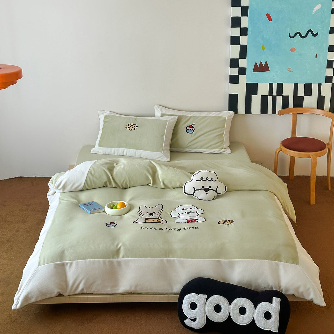 Cartoon-Embroidered Cotton Duvet Cover Bedding Set with Plush Patch