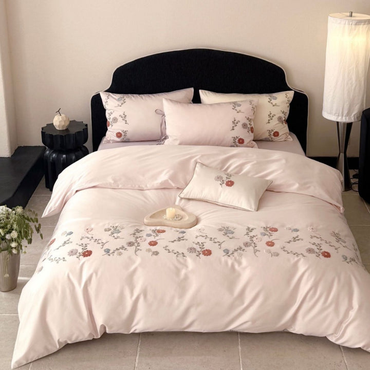 Embroidered Botanical Cotton Sateen Duvet Cover Set with Pillow Shams