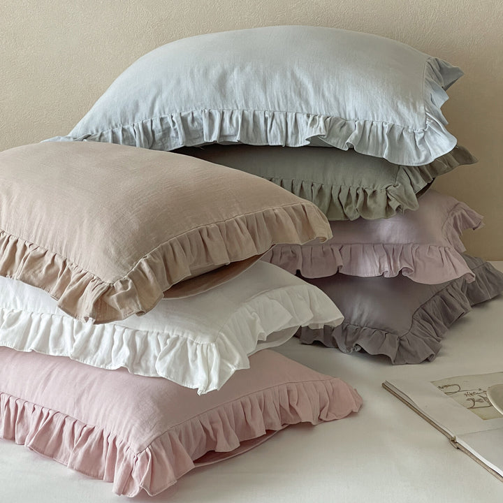 Ruffled Linen Pillowcase Set with Soft Washed Linen Texture