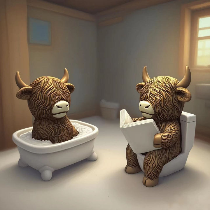 Funny decorative figure of a Highland cow in a bathtub Stornfield