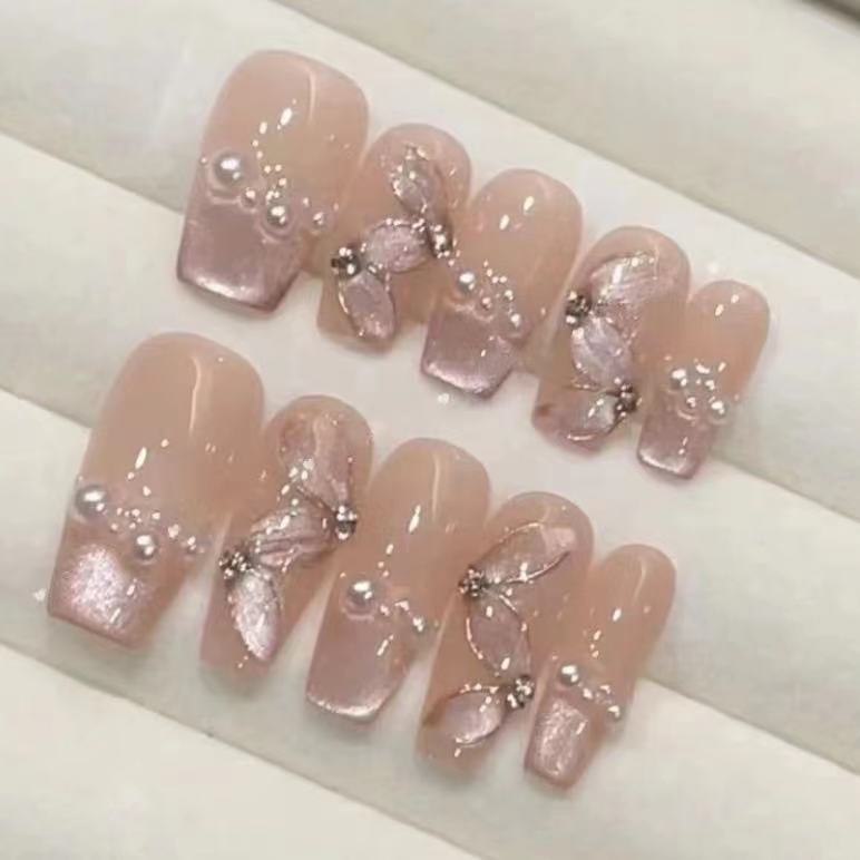 Artistic Floral Press-On Nail Set with Pearl Accents Stornfield