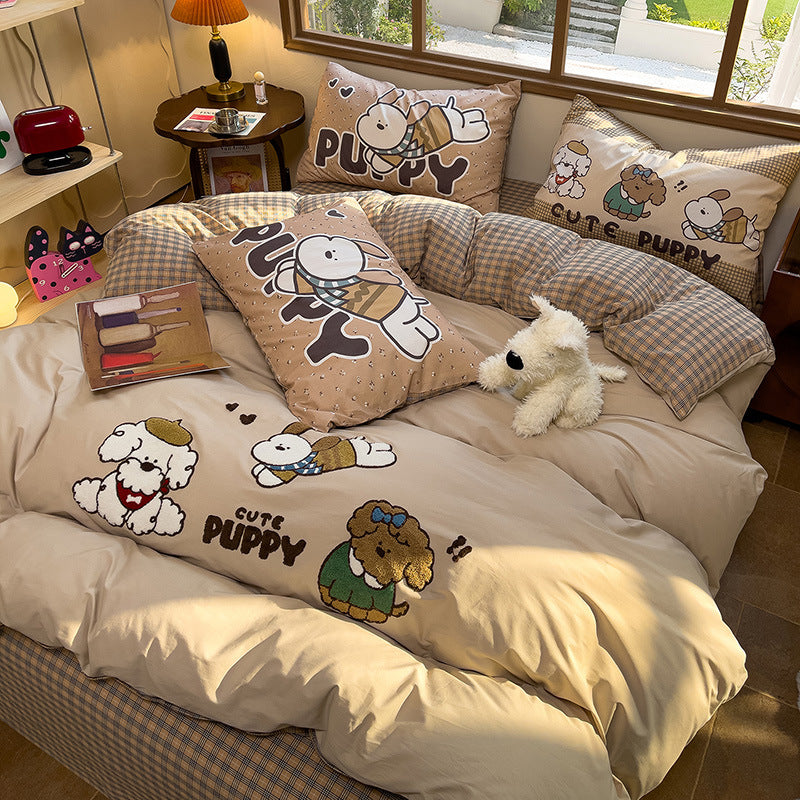 Cartoon Puppy Embroidered Cotton Duvet Cover Bedding Set with Plaid Accents