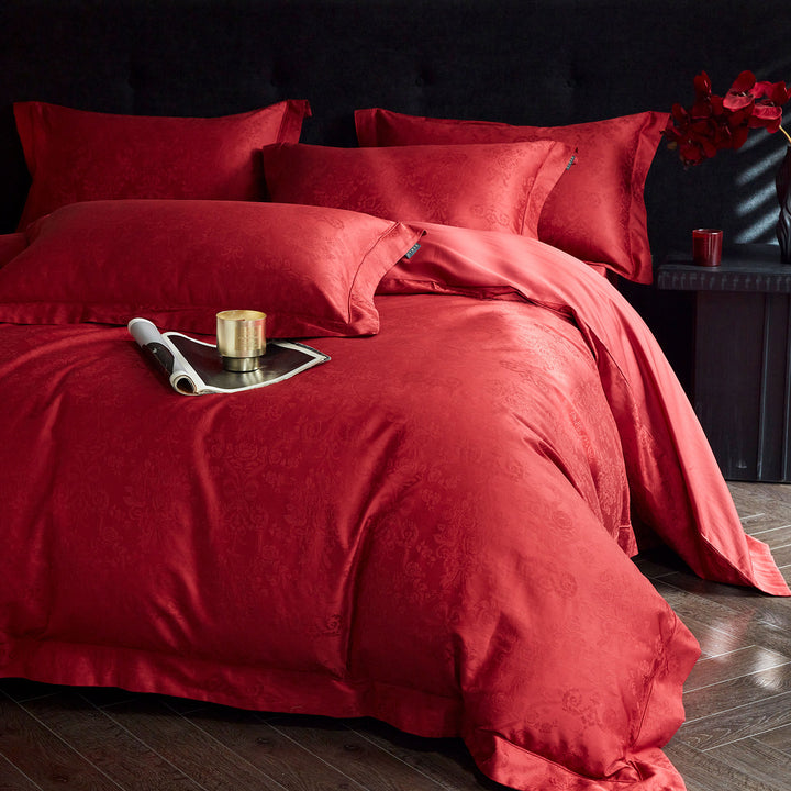 Premium bedding set made of cotton satin with subtle jacquard embossing and concealed zipper