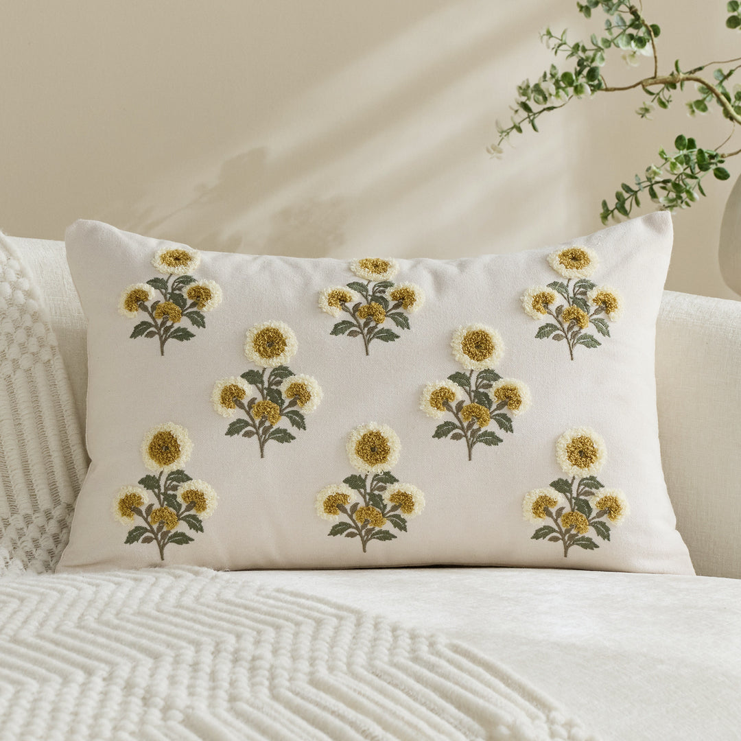 Tufted Floral Embroidered Decorative Throw Pillow Cover