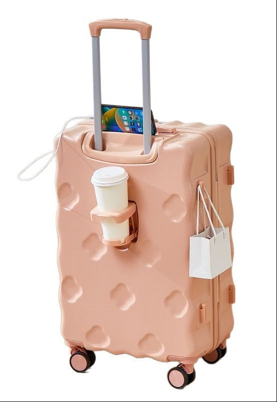 hard-shell carry-on suitcase with integrated foldable cup holder phone cradle USB charging port and external bag hooks Stornfield