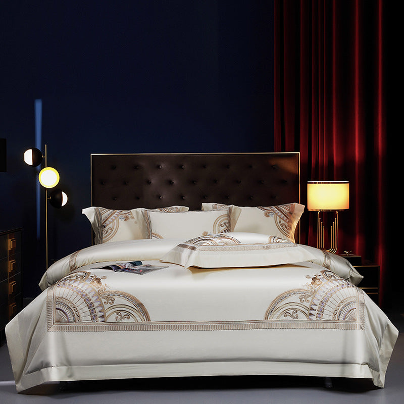 Luxury Egyptian Cotton Sateen Duvet Cover Set with Embroidered Baroque Medallion
