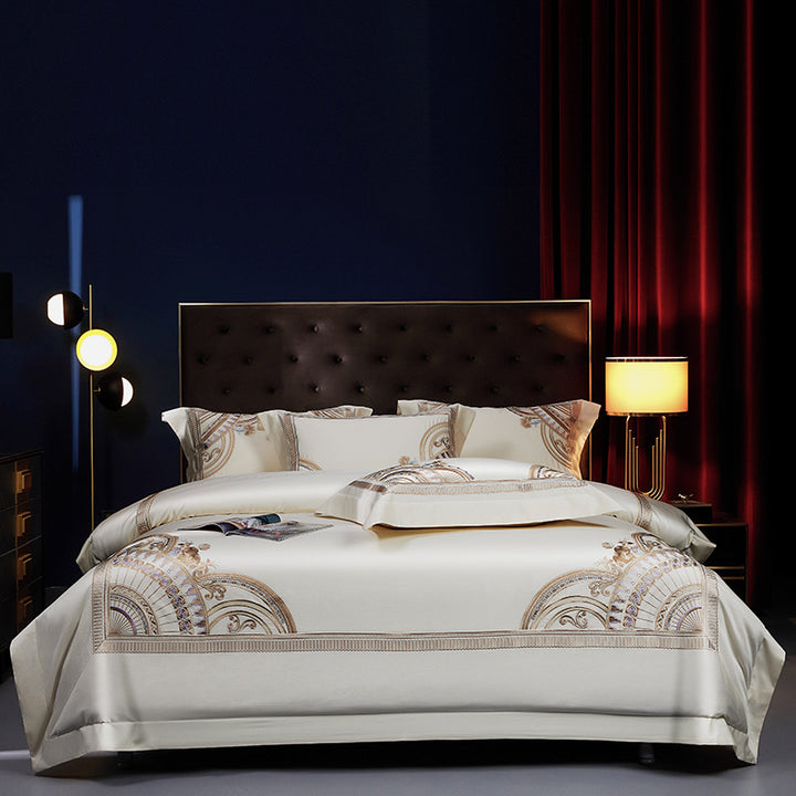 Luxury Egyptian Cotton Sateen Duvet Cover Set with Embroidered Baroque Medallion