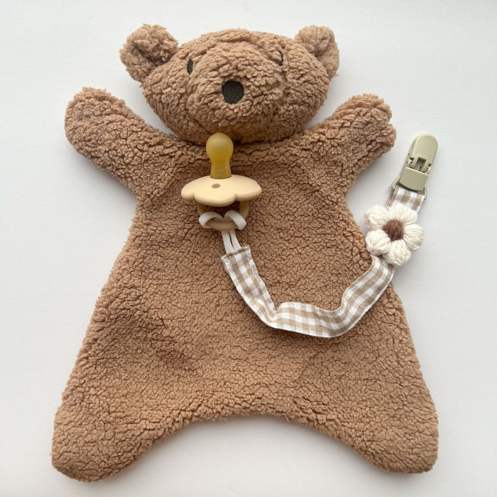 Pacifier and Teether Clip with Wooden Safety Clip and Crochet Flower