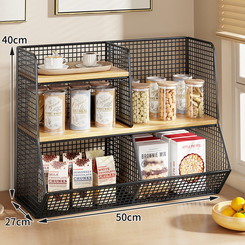 Multi-Tier Wire Mesh Countertop Pantry Organizer with Wood Shelves and Basket